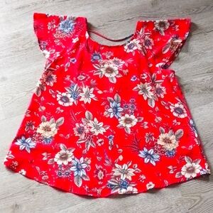 Cherish Red Floral Top with Ruffled Back & Cross Strap detail size L